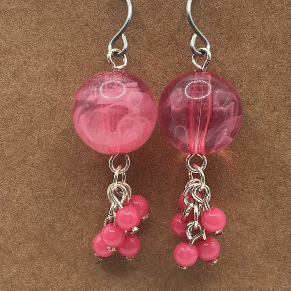 Pink Lucite Dangle Beaded Drop Earrings French Hook 1”